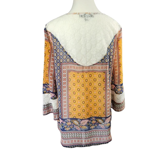 Figueroa & Flower Boho Patchwork Lace Trim Blouse Small V-Neck Flowy Festival - Picture 11 of 16